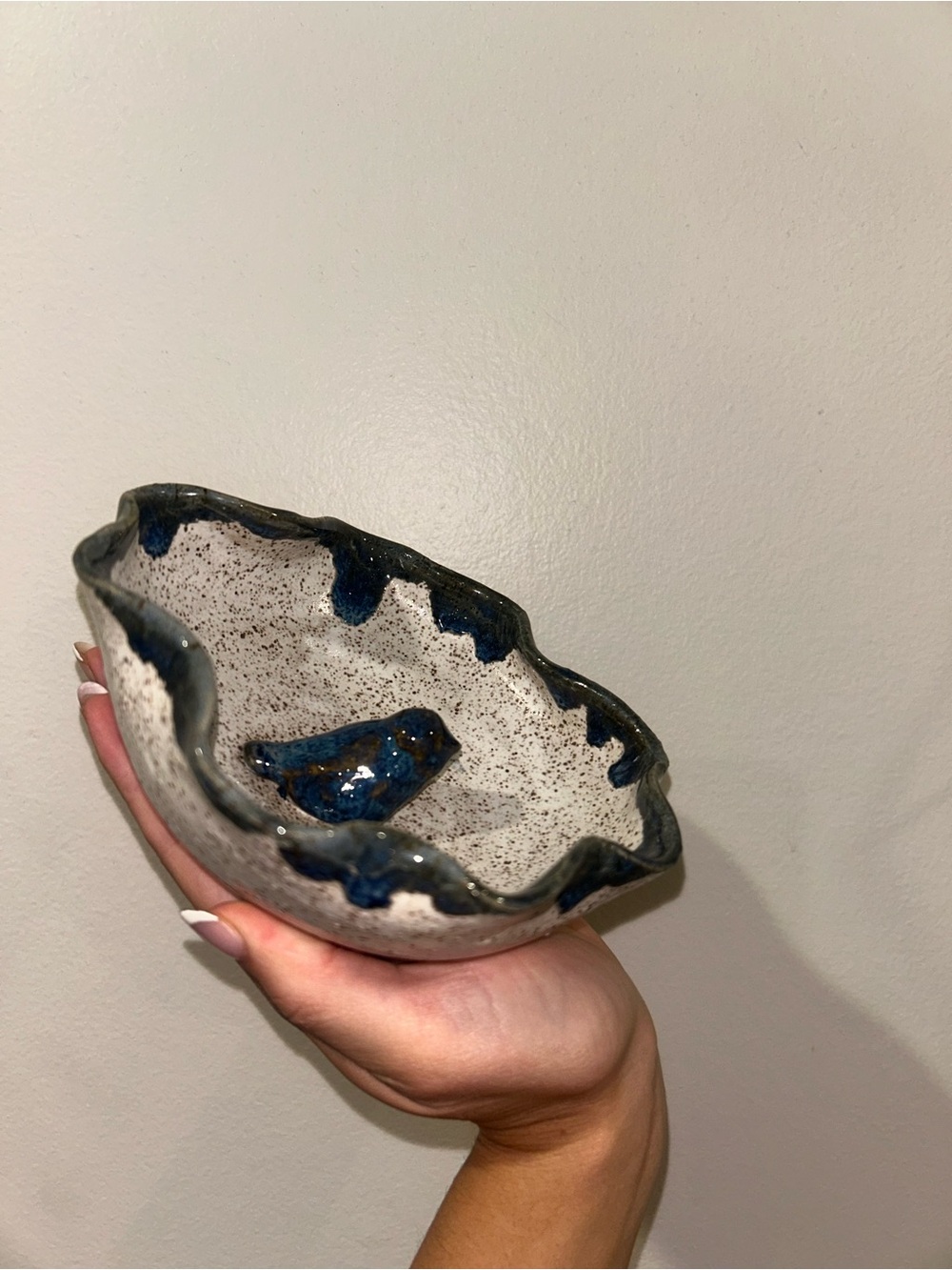 Handcrafted Ceramic Bird Dish in Speckled White and Deep Blue